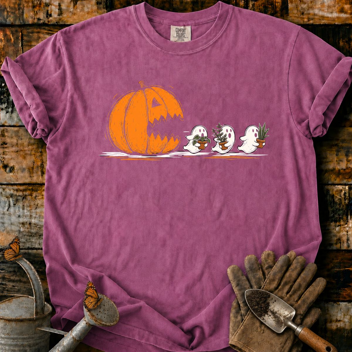 Pumpkin Chases Plant-Carrying Ghosts T-Shirt