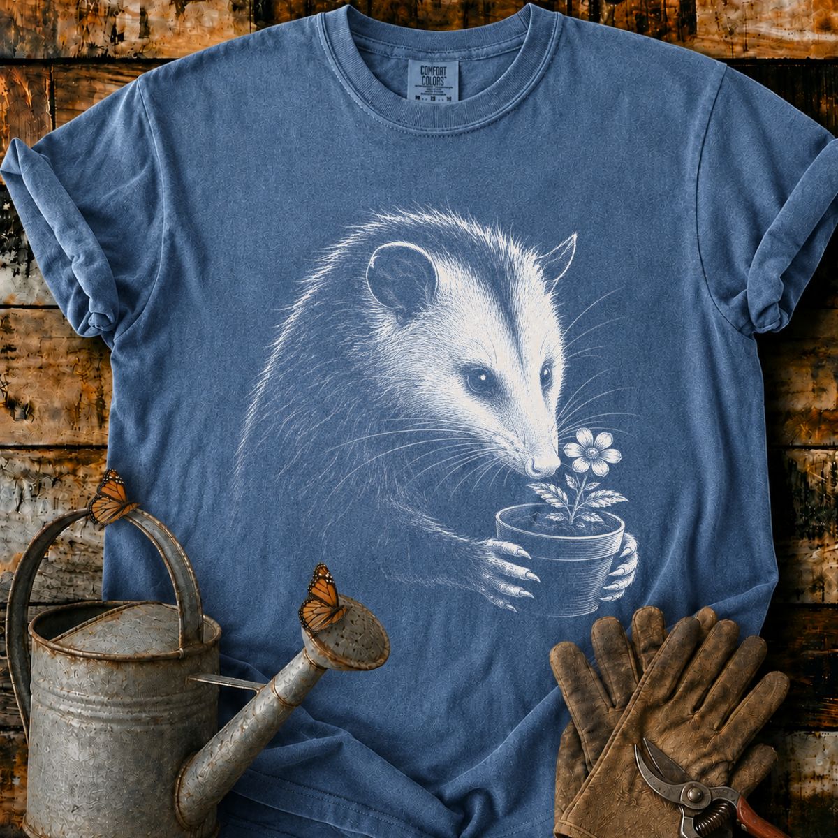 Opossum With Flower Pot Art T-Shirt