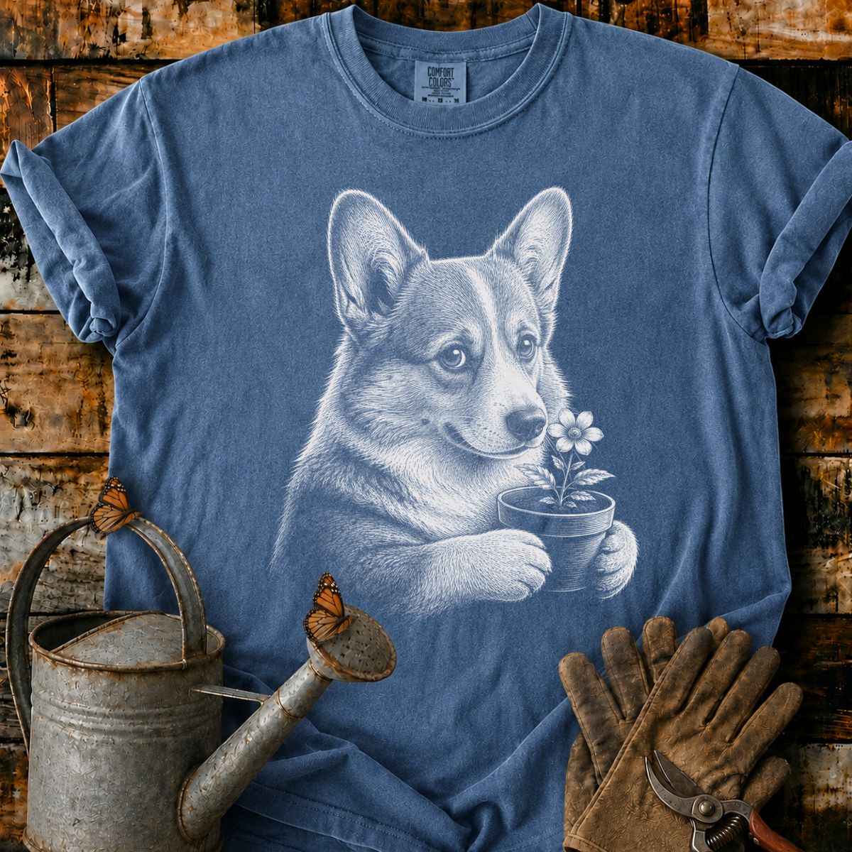 Corgi With Flower Pot Art T-Shirt