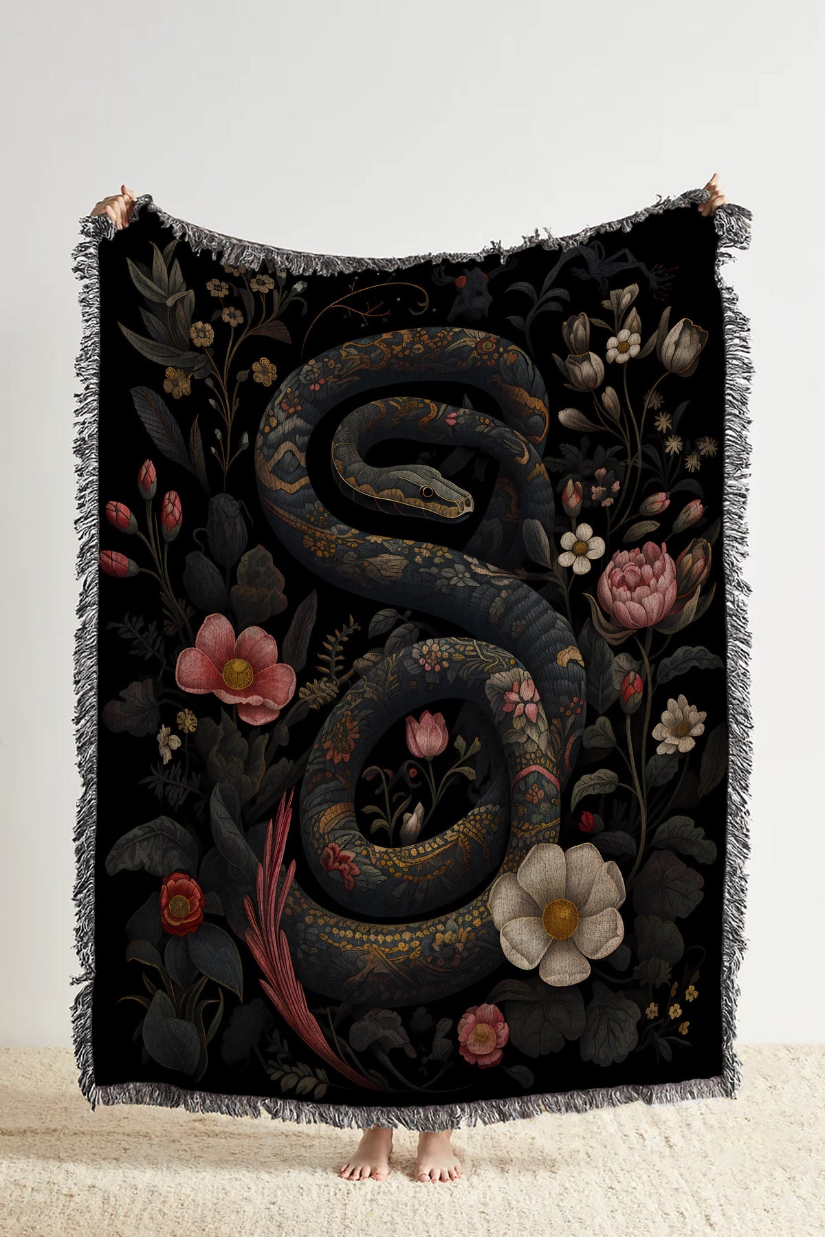 Gothic Snake Floral Woven Blanket