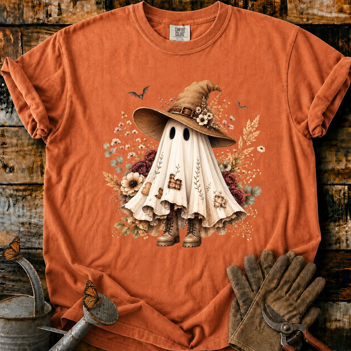 Whimsical Ghost Witch in Autumn Blooms T-Shirt