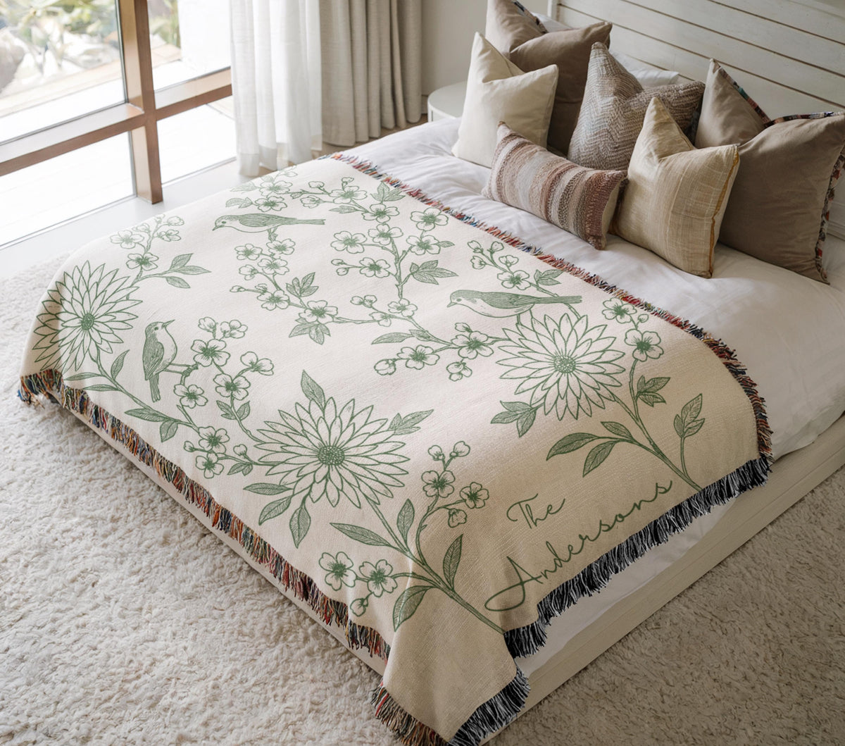 Custom Last Name Bird Floral Throw