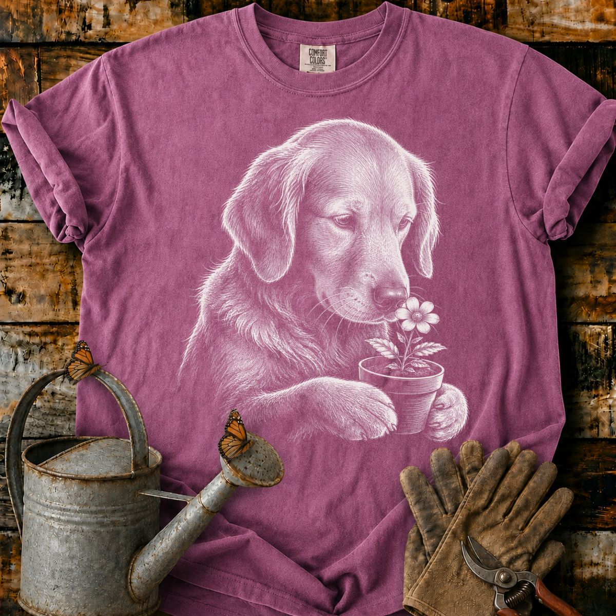 Golden Retriever With Flower Pot Art T-Shirt