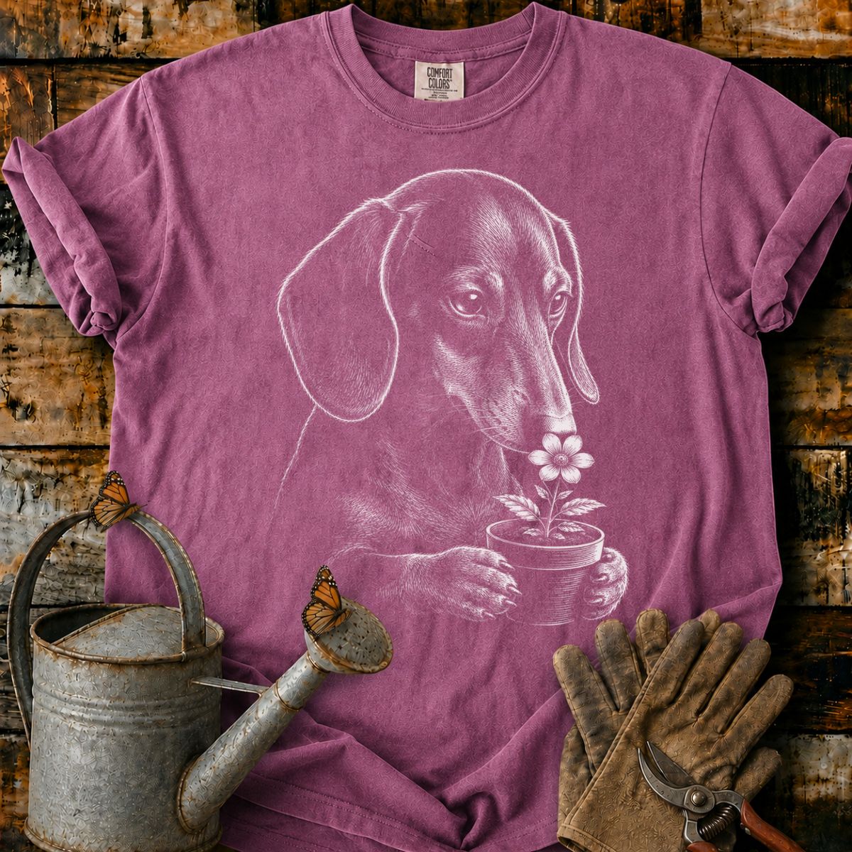 Dachshund With Flower Pot Art T-Shirt