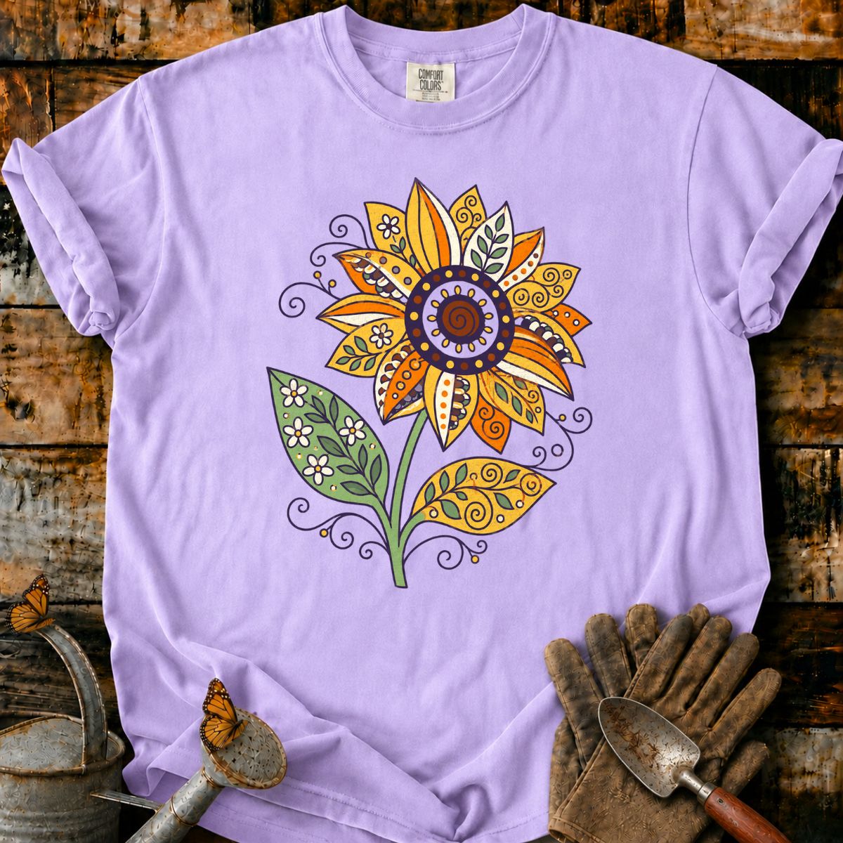 Ornate Sunflower on Lavender Fabric T-Shirt