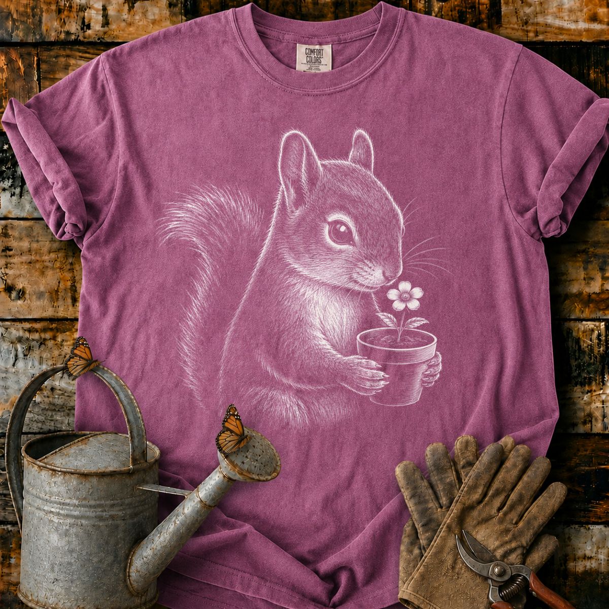 Squirrel With Flower Pot Art T-Shirt