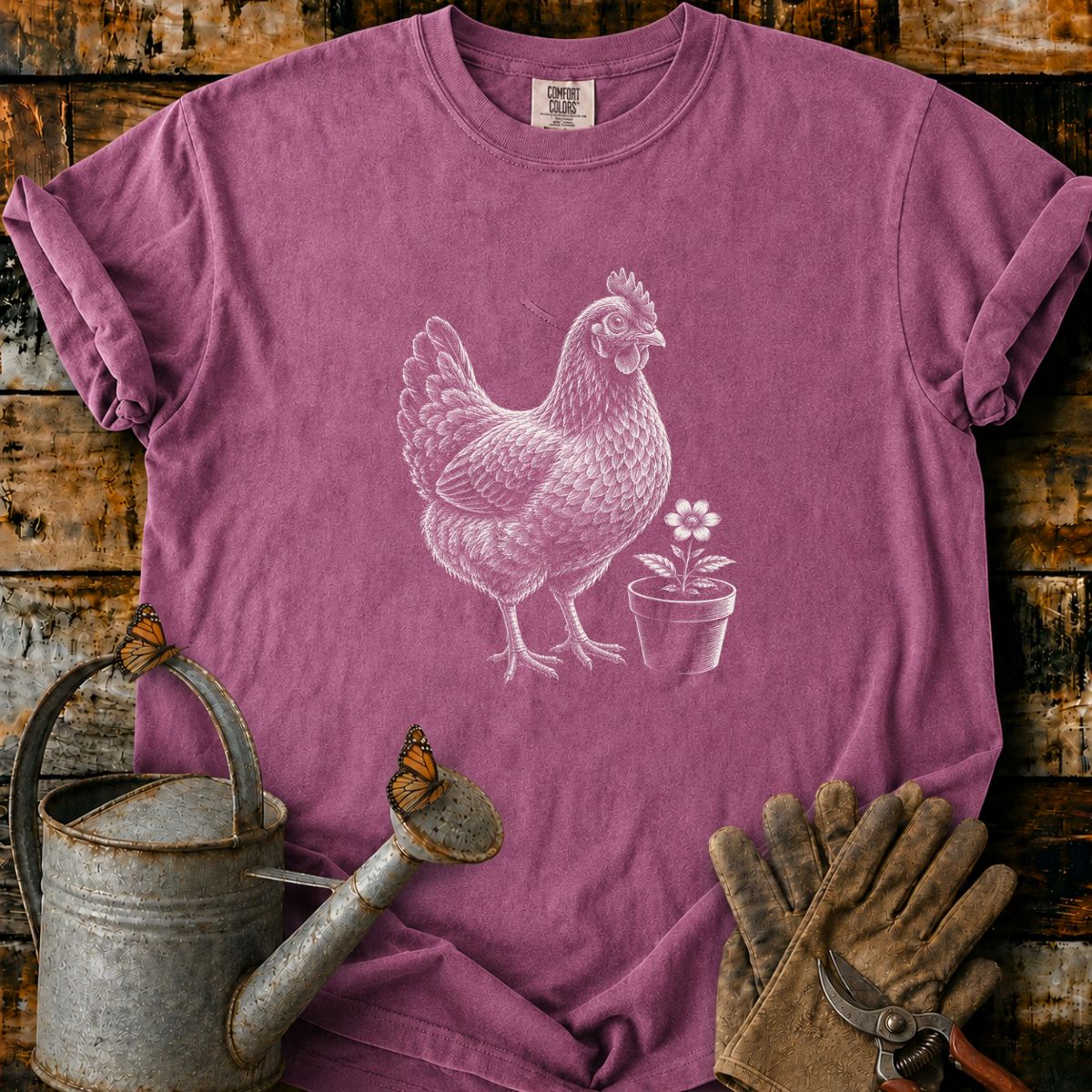 Hen With Flower Pot Art T-Shirt