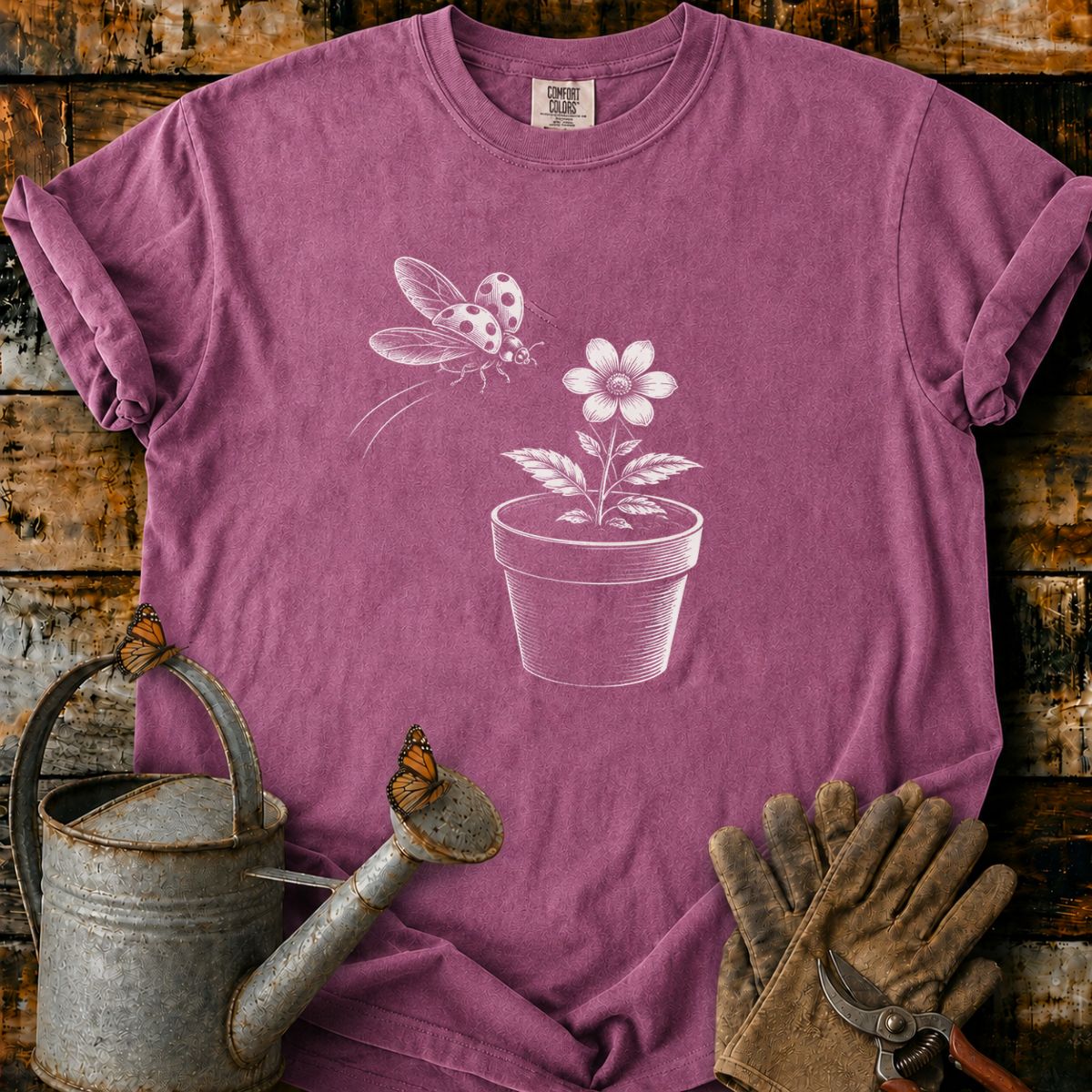Ladybug With Flower Pot Art T-Shirt