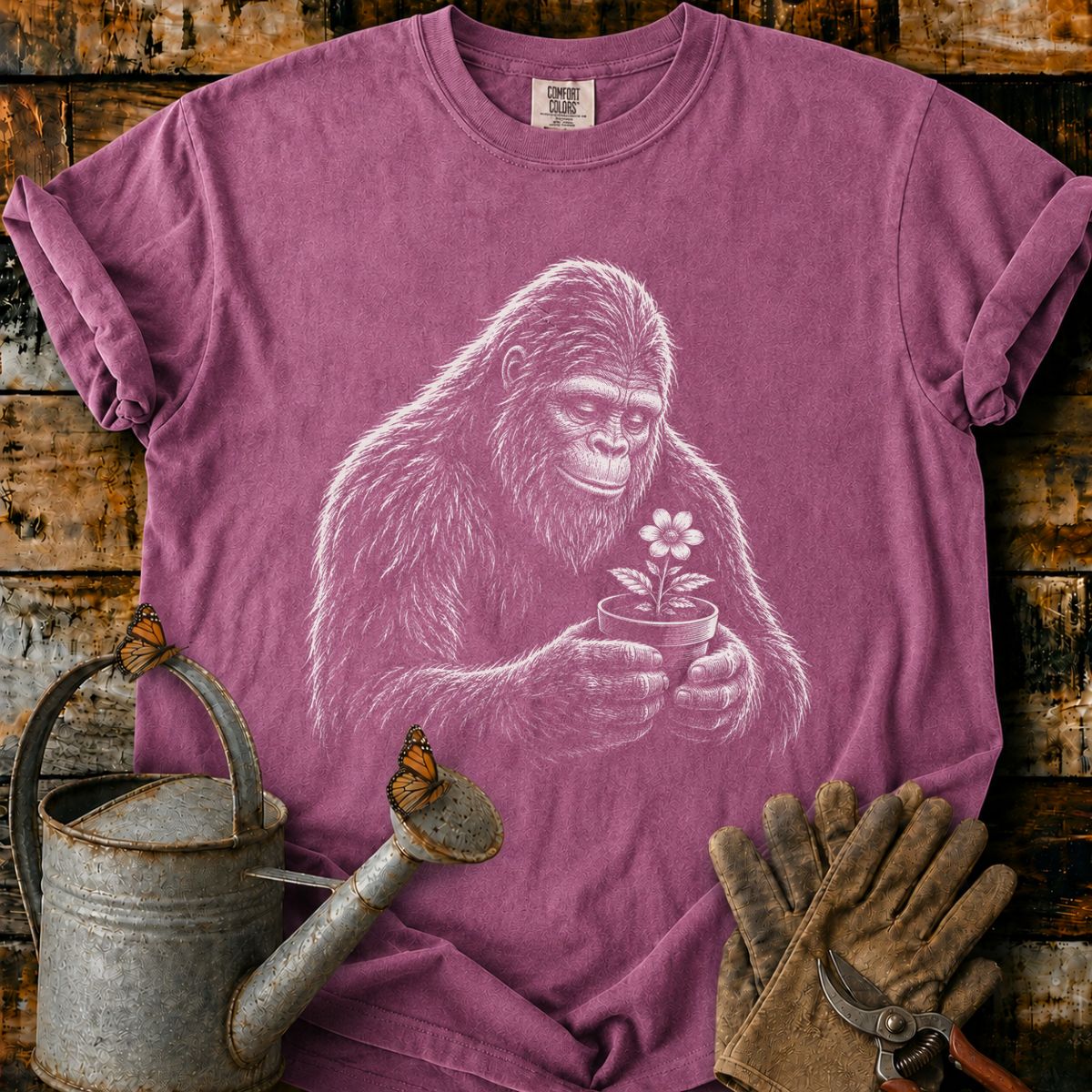 Bigfoot With Flower Pot Art T-Shirt