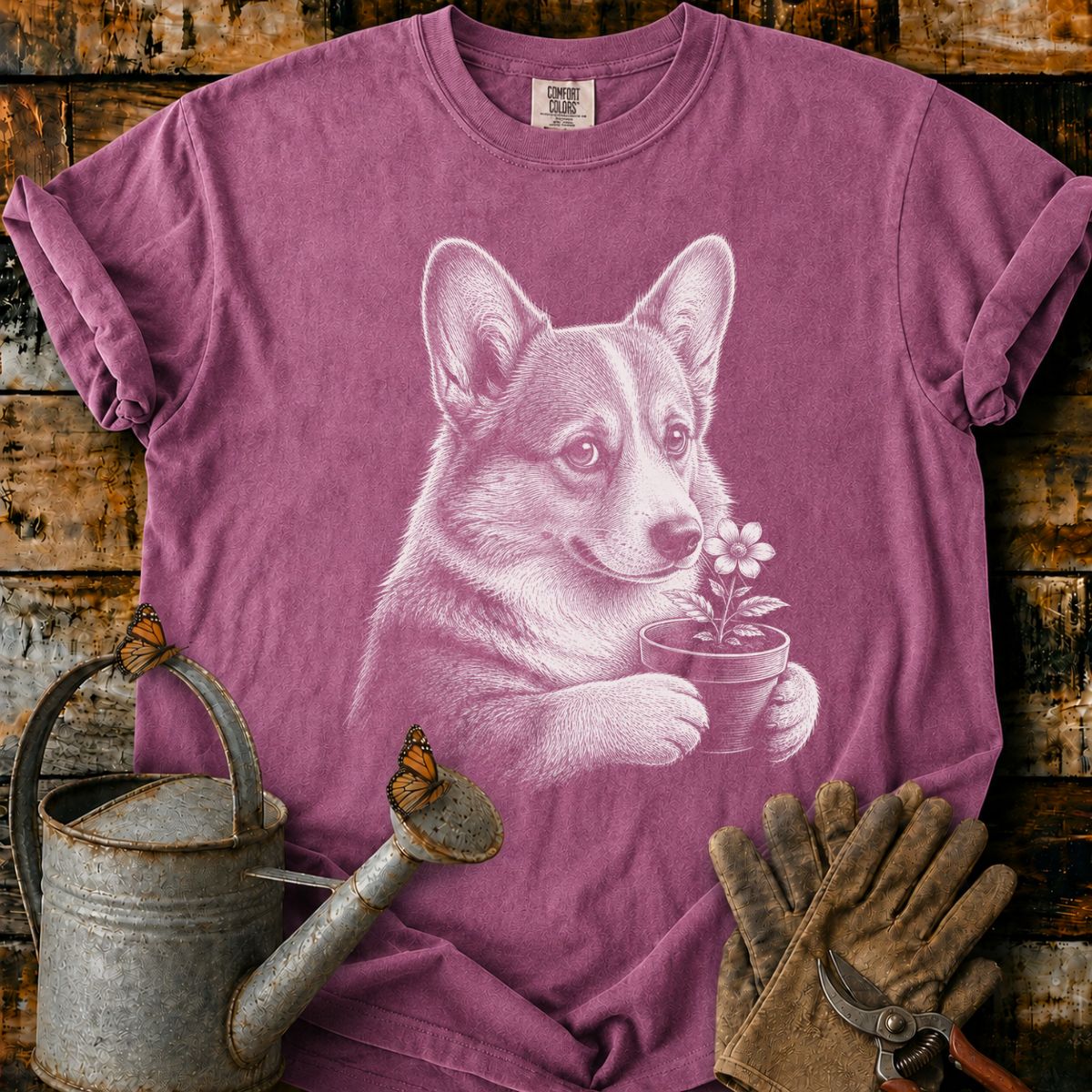 Corgi With Flower Pot Art T-Shirt
