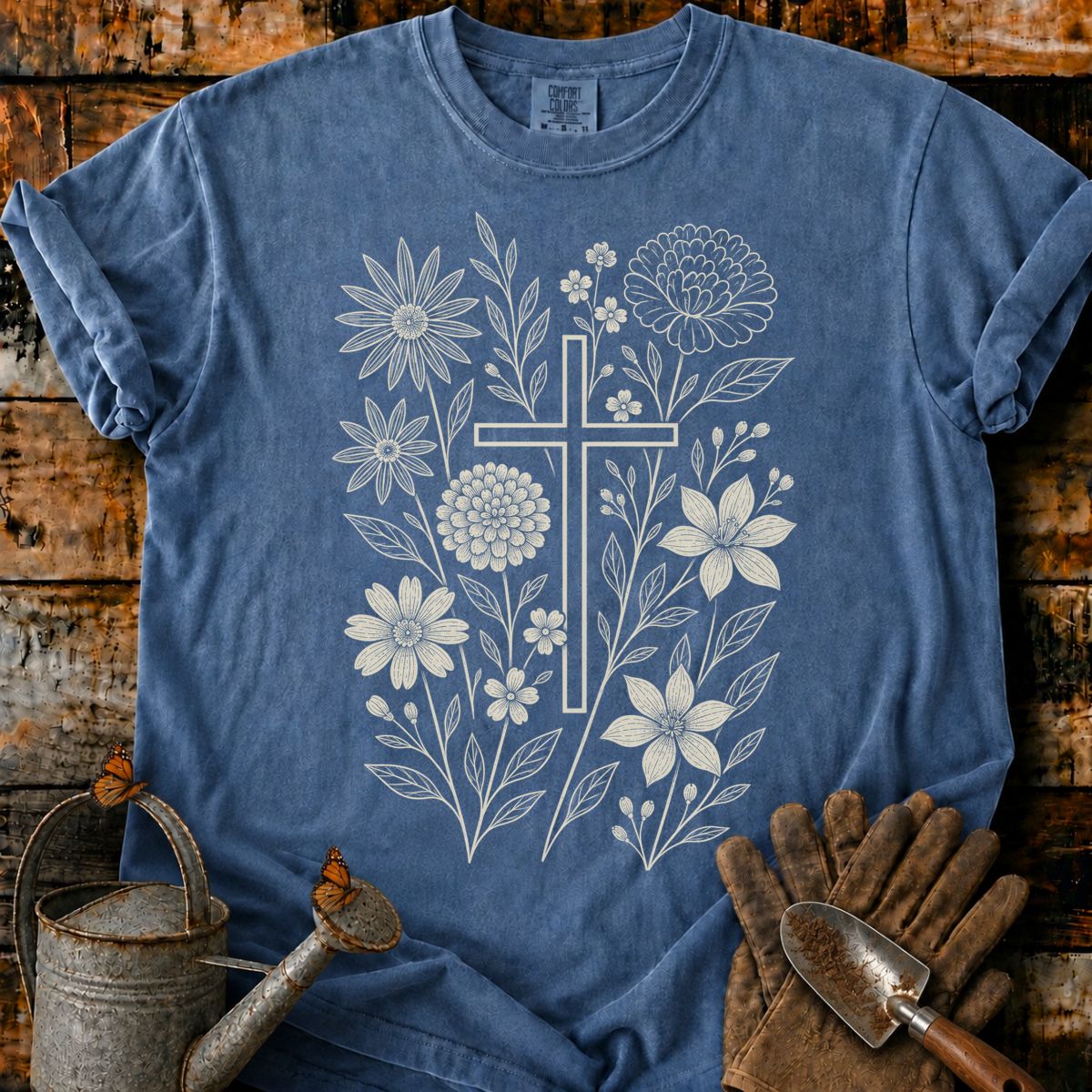 Vintage Botanical Cross Engraving T-Shirt