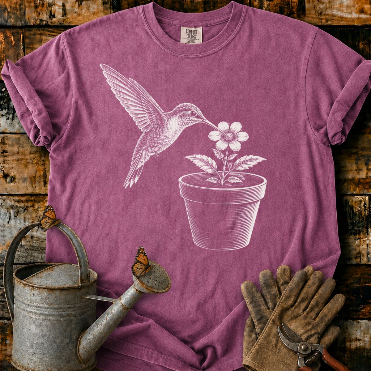 The hummingbird With Flower Pot Art T-Shirt