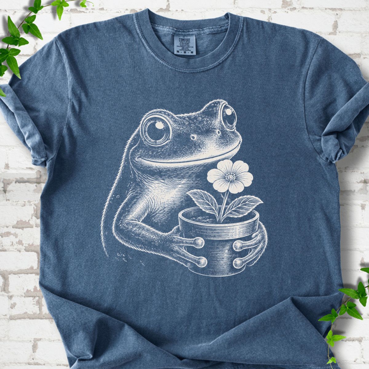 Frog With Flower Pot Art T-Shirt