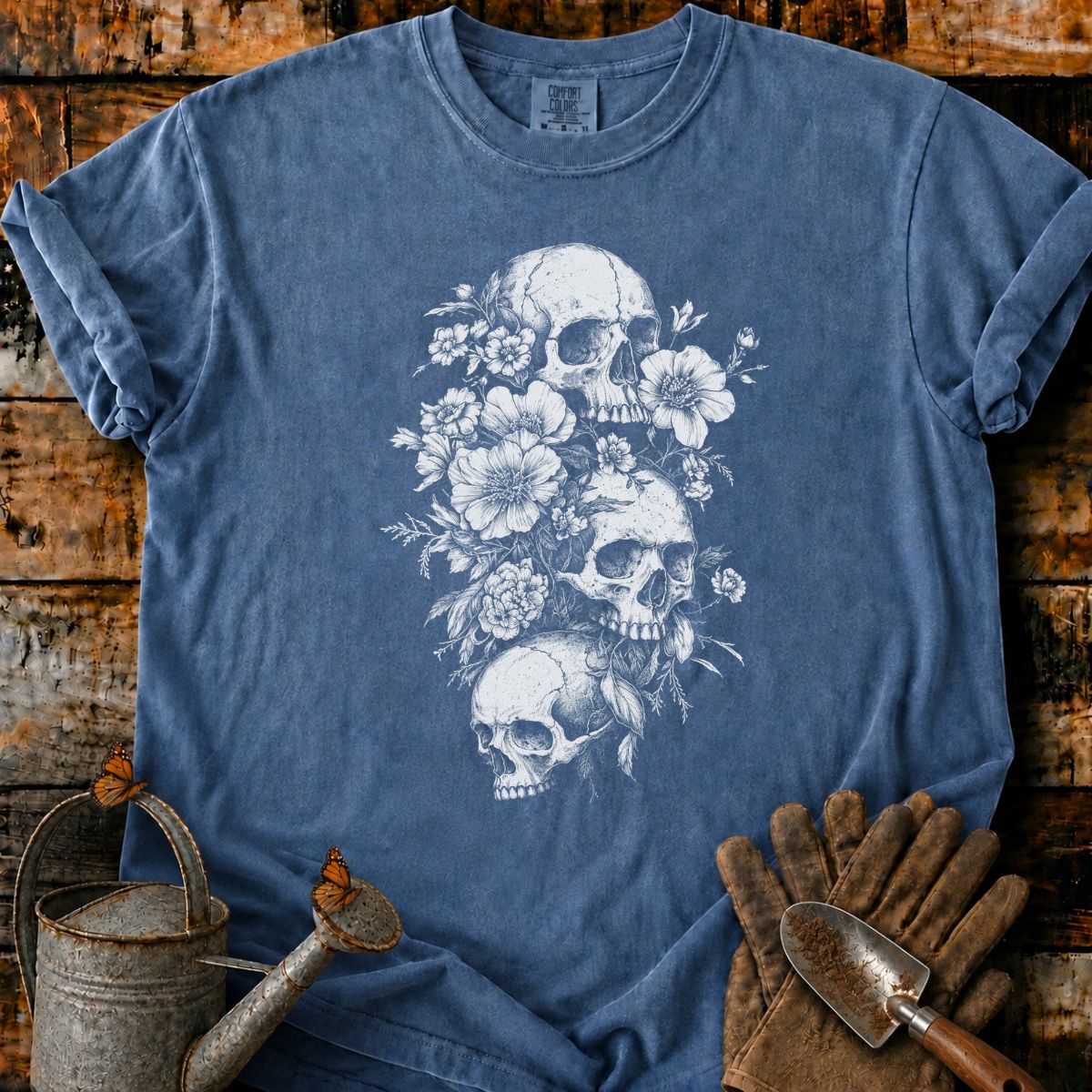 Gothic Skull and Floral Engraving T-Shirt