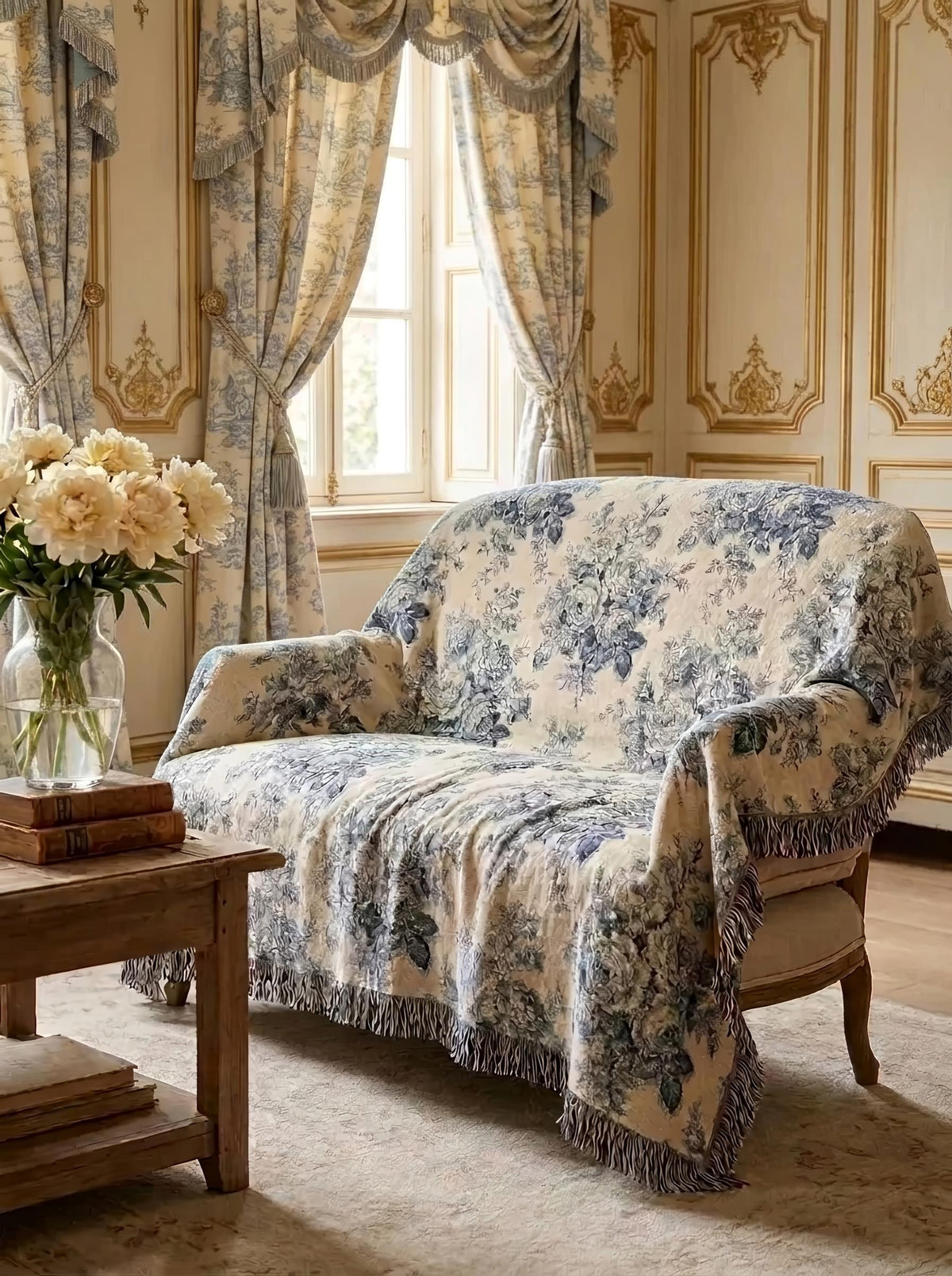 Blue Toile Rose Woven Blanket
