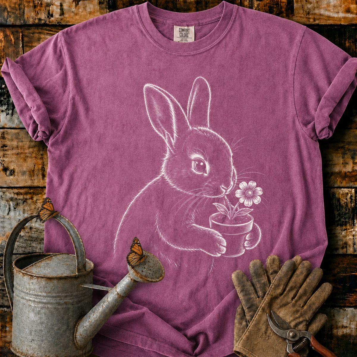 Rabbit With Flower Pot Art T-Shirt