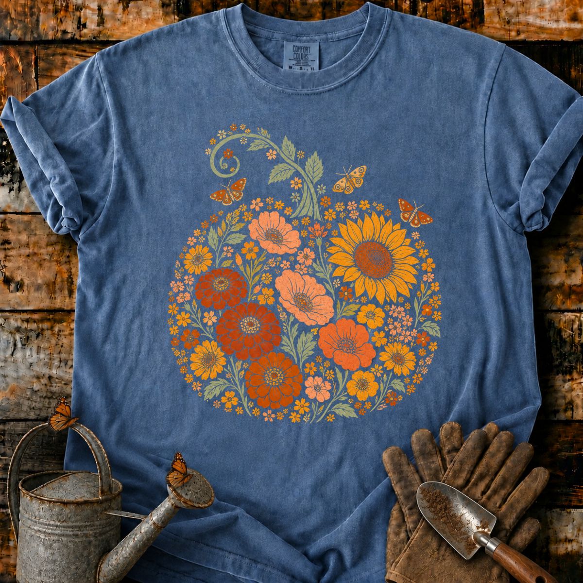 Asymmetrical Meadow Pumpkin with Sunflower and Moths T-Shirt