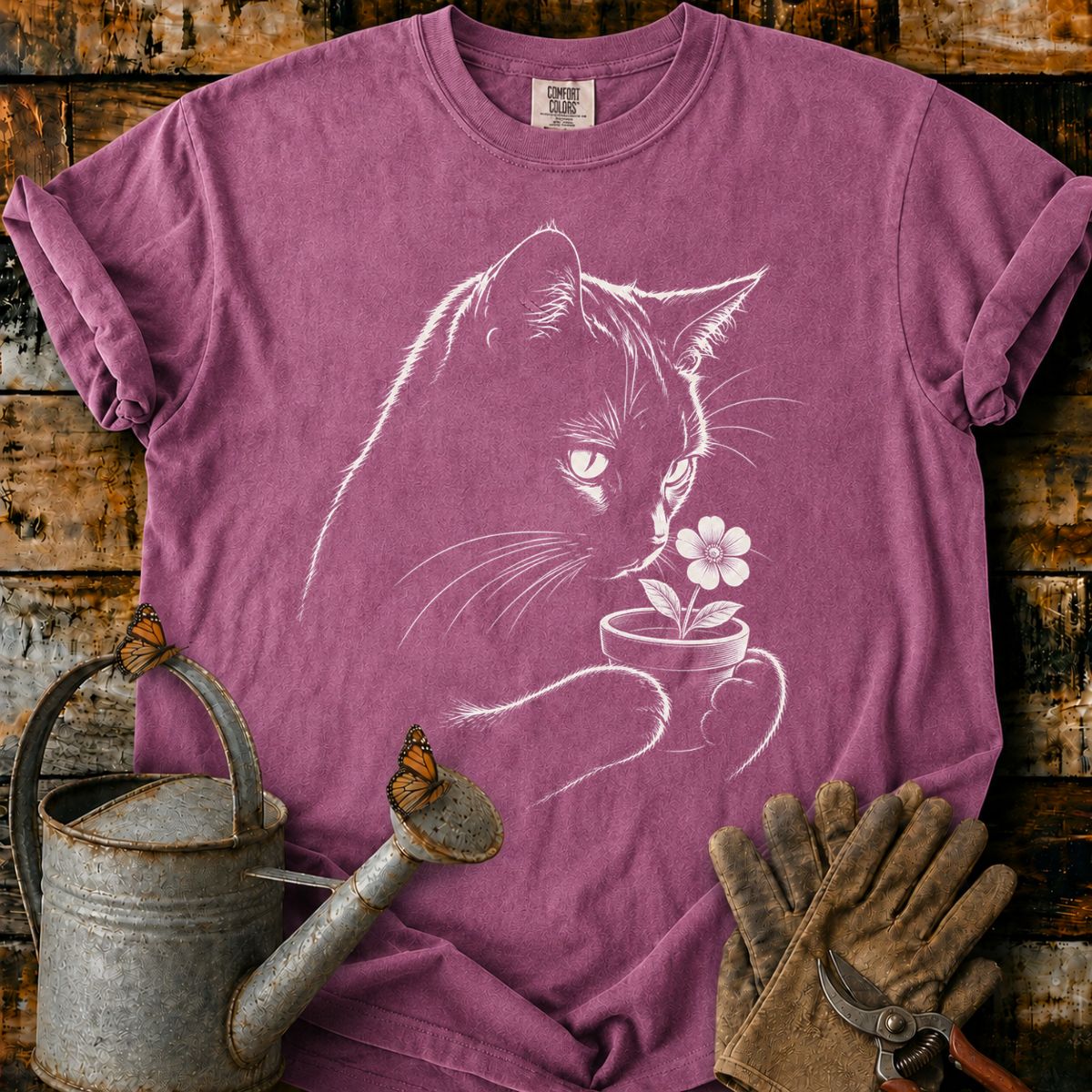 Black Cat With Flower Pot Art T-Shirt