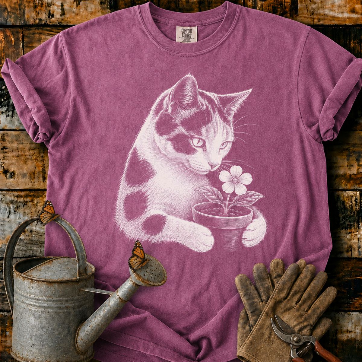 Calico Cat With Flower Pot Art T-Shirt