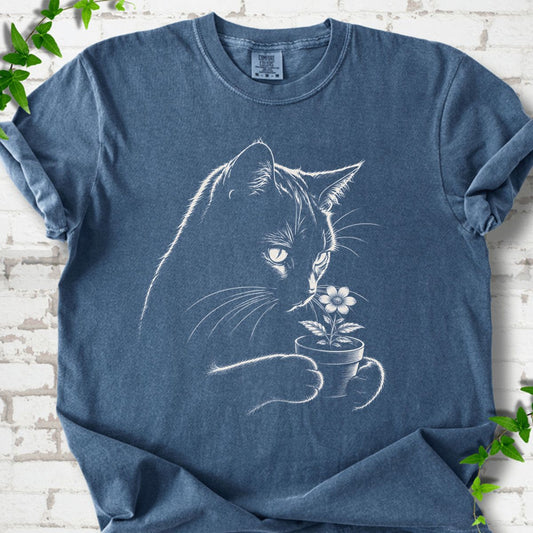 Cat With Flower Pot Art T-Shirt