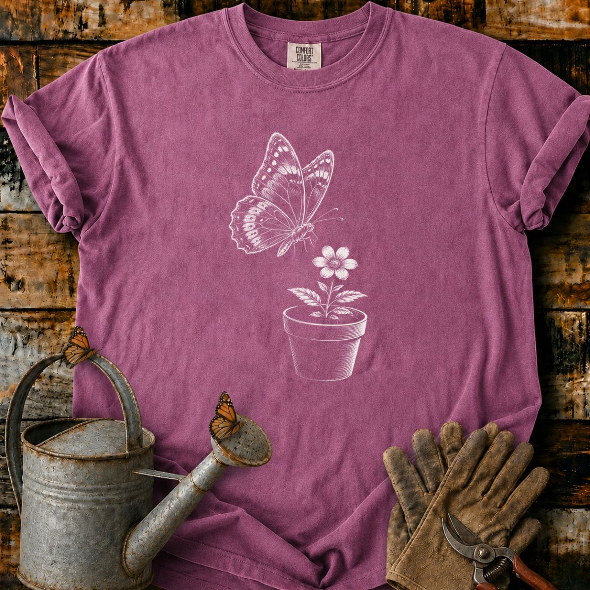 Butterfly With Flower Pot Art T-Shirt