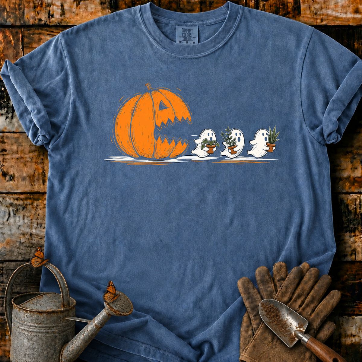 Pumpkin Chases Plant-Carrying Ghosts T-Shirt