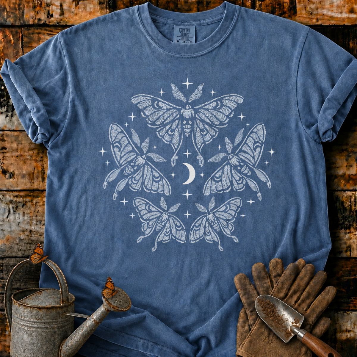 Five Luna Moths Around a Crescent Moon T-Shirt