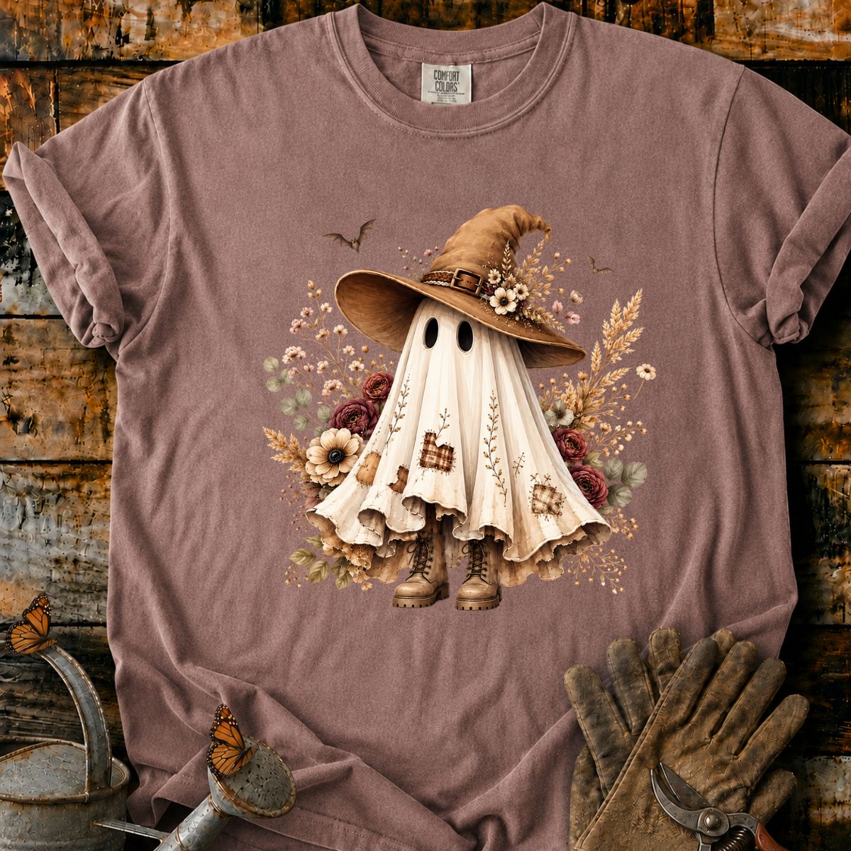 Whimsical Ghost Witch in Autumn Blooms T-Shirt