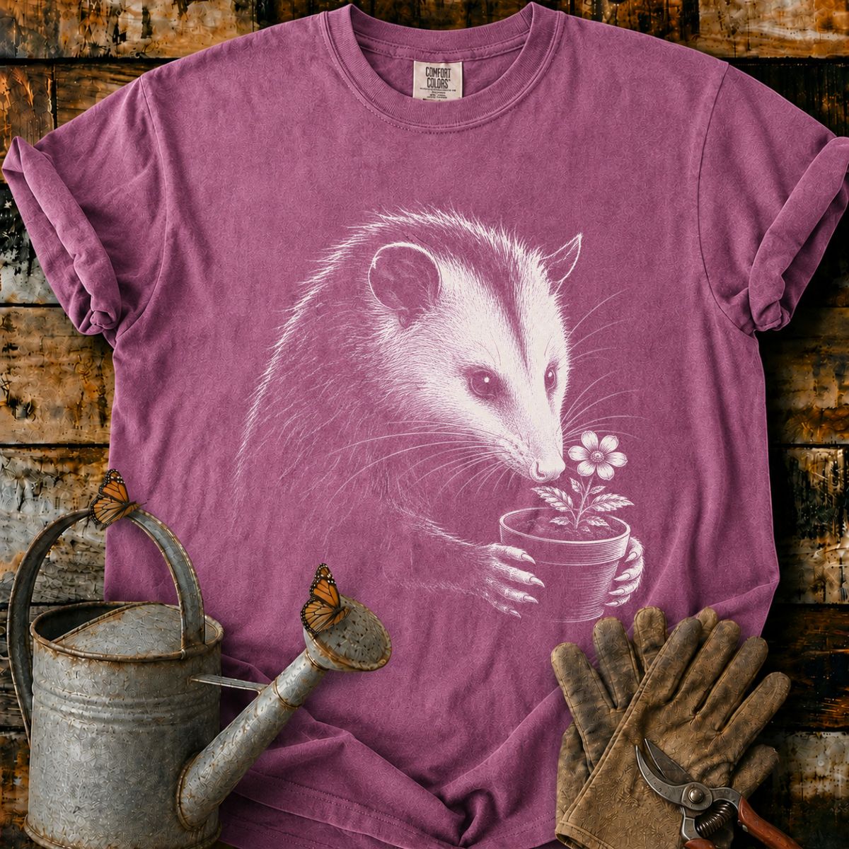Opossum With Flower Pot Art T-Shirt