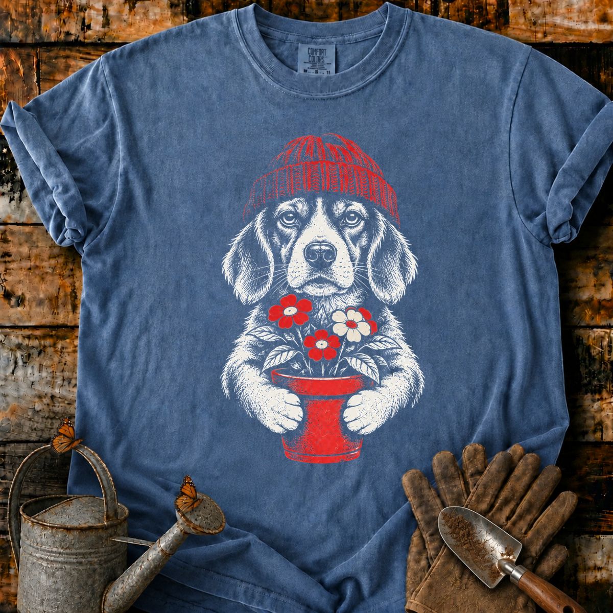 Beagle in Red Beanie with Flowers T-Shirt