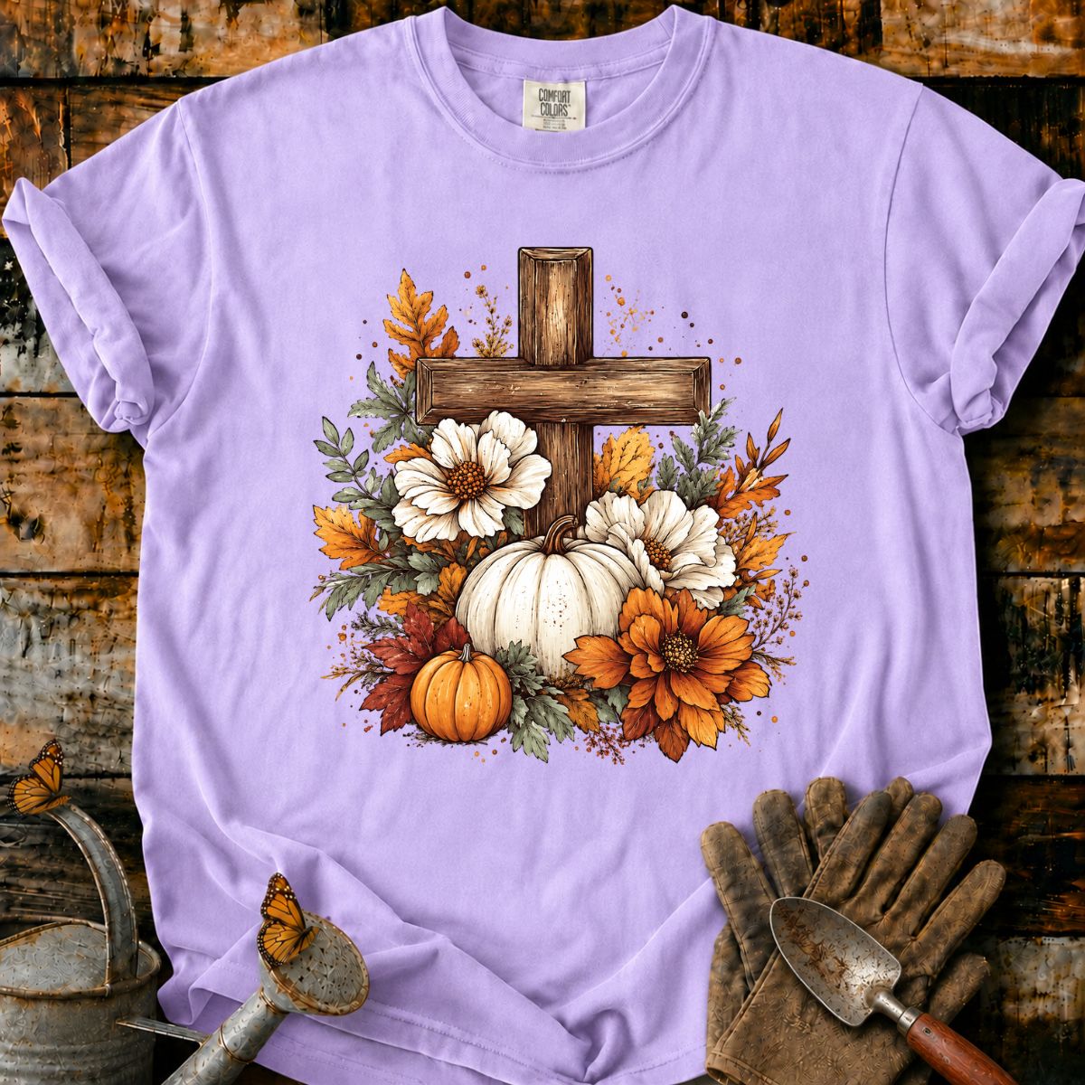 Rustic Autumn Cross with Pumpkins T-Shirt