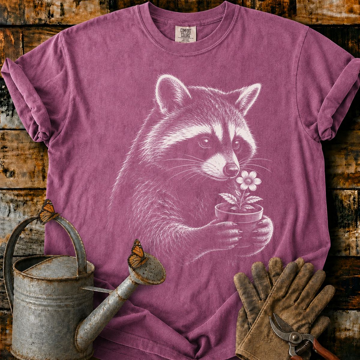 Raccoon With Flower Pot Art T-Shirt