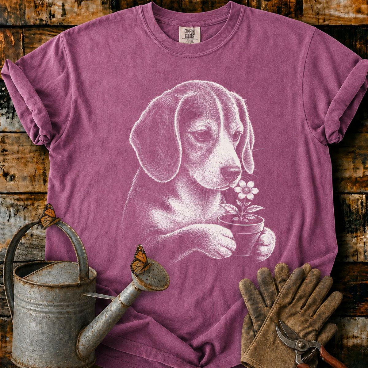 Beagle With Flower Pot Art T-Shirt