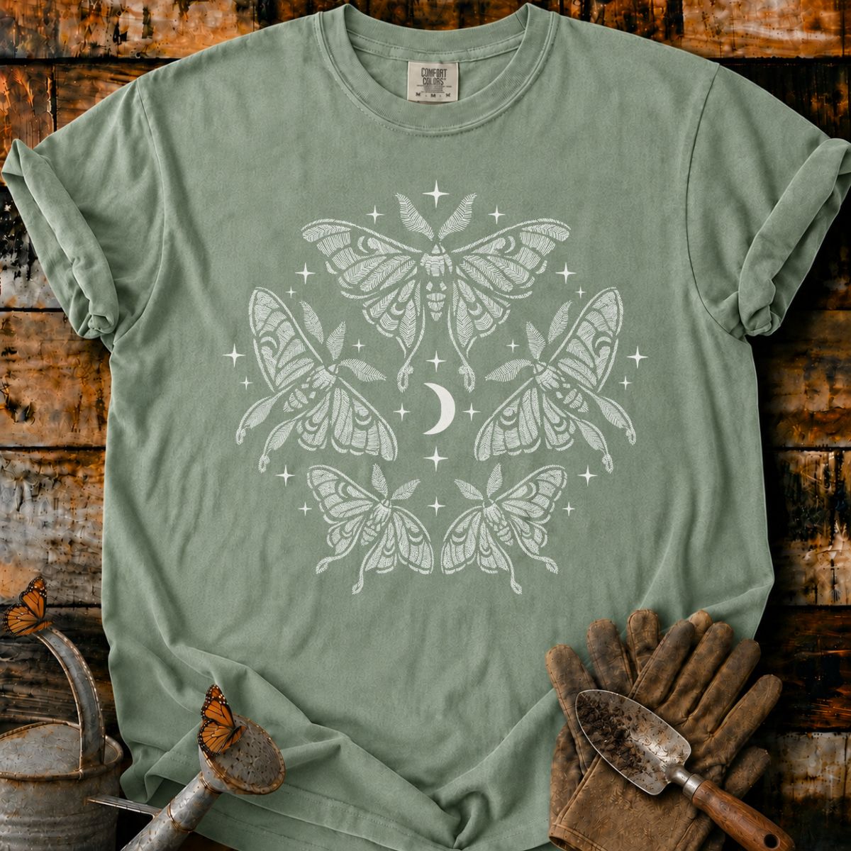 Five Luna Moths Around a Crescent Moon T-Shirt