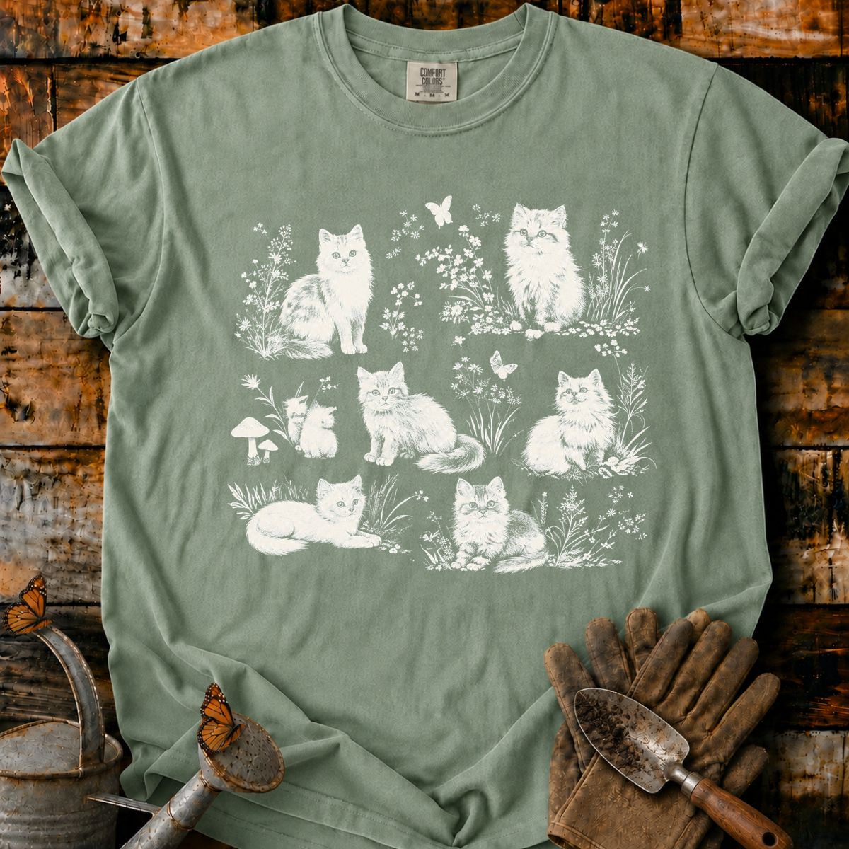 Vintage Botanical Cat Garden T-Shirt