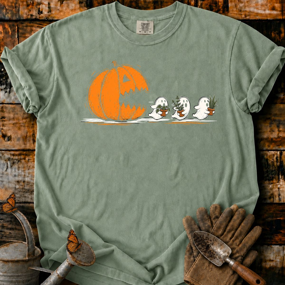 Pumpkin Chases Plant-Carrying Ghosts T-Shirt