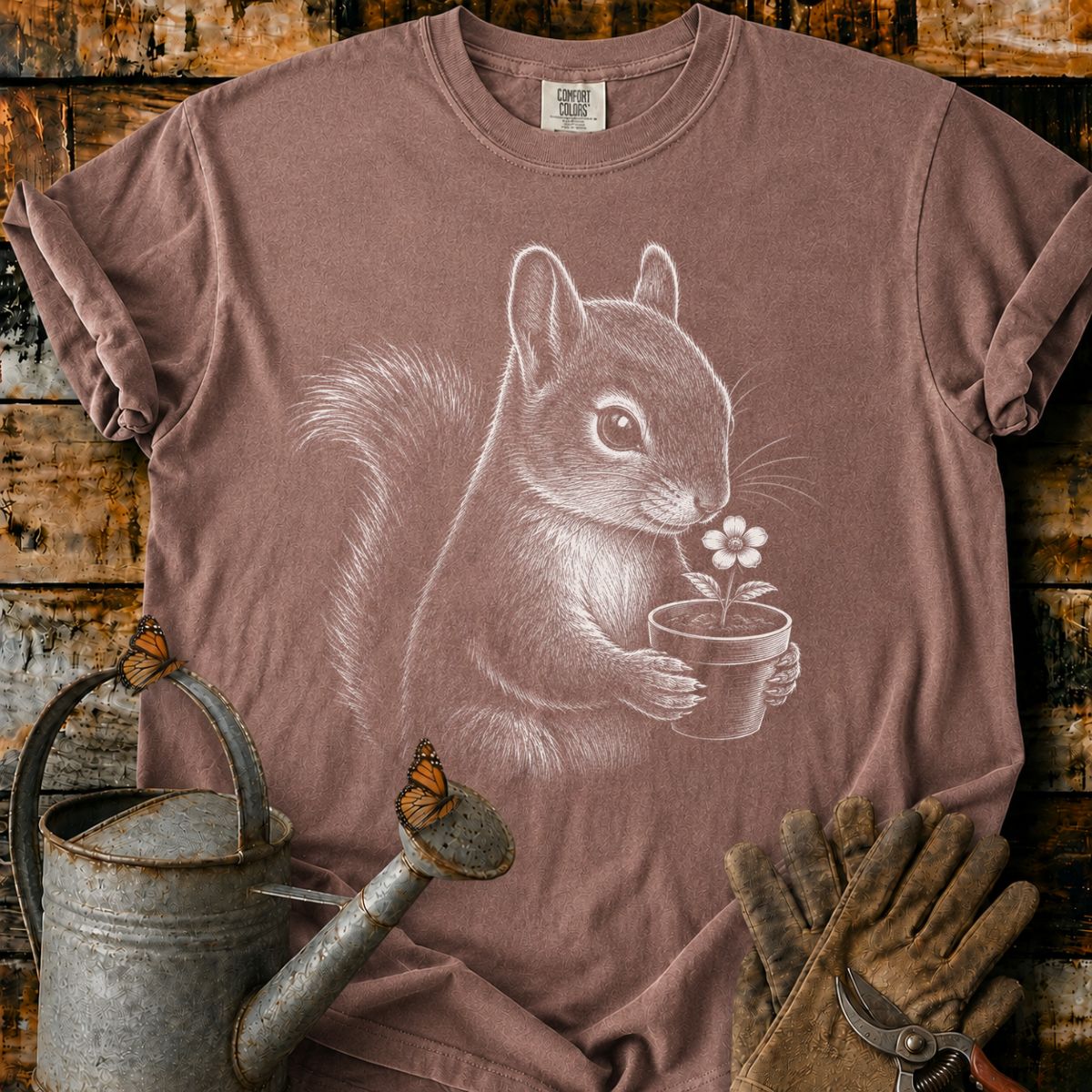 Squirrel With Flower Pot Art T-Shirt