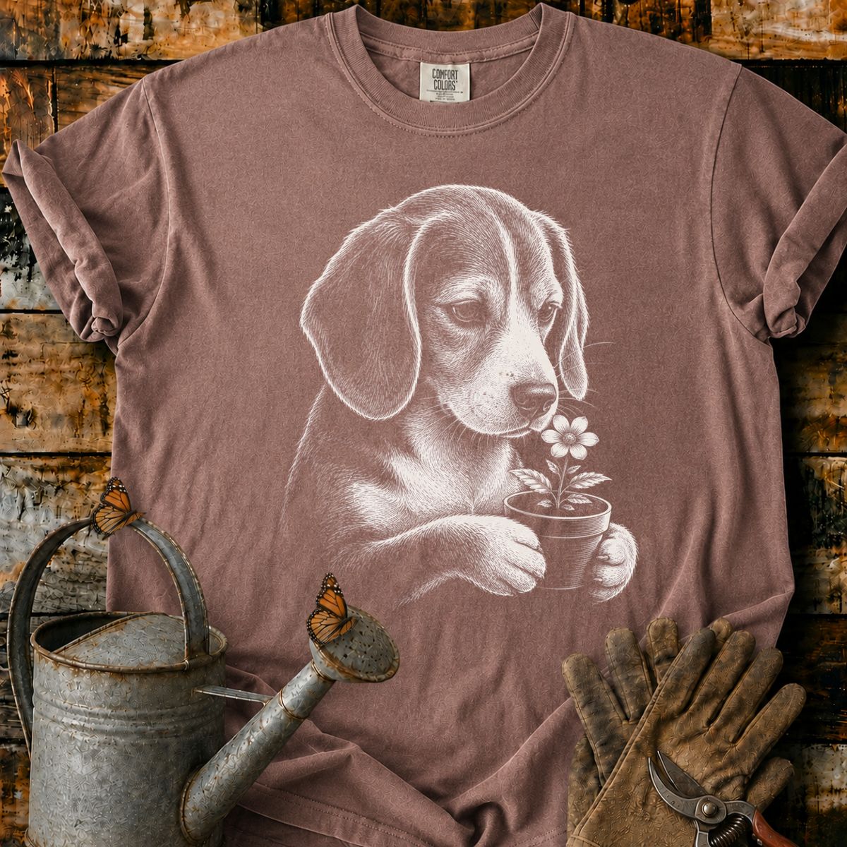 Beagle With Flower Pot Art T-Shirt