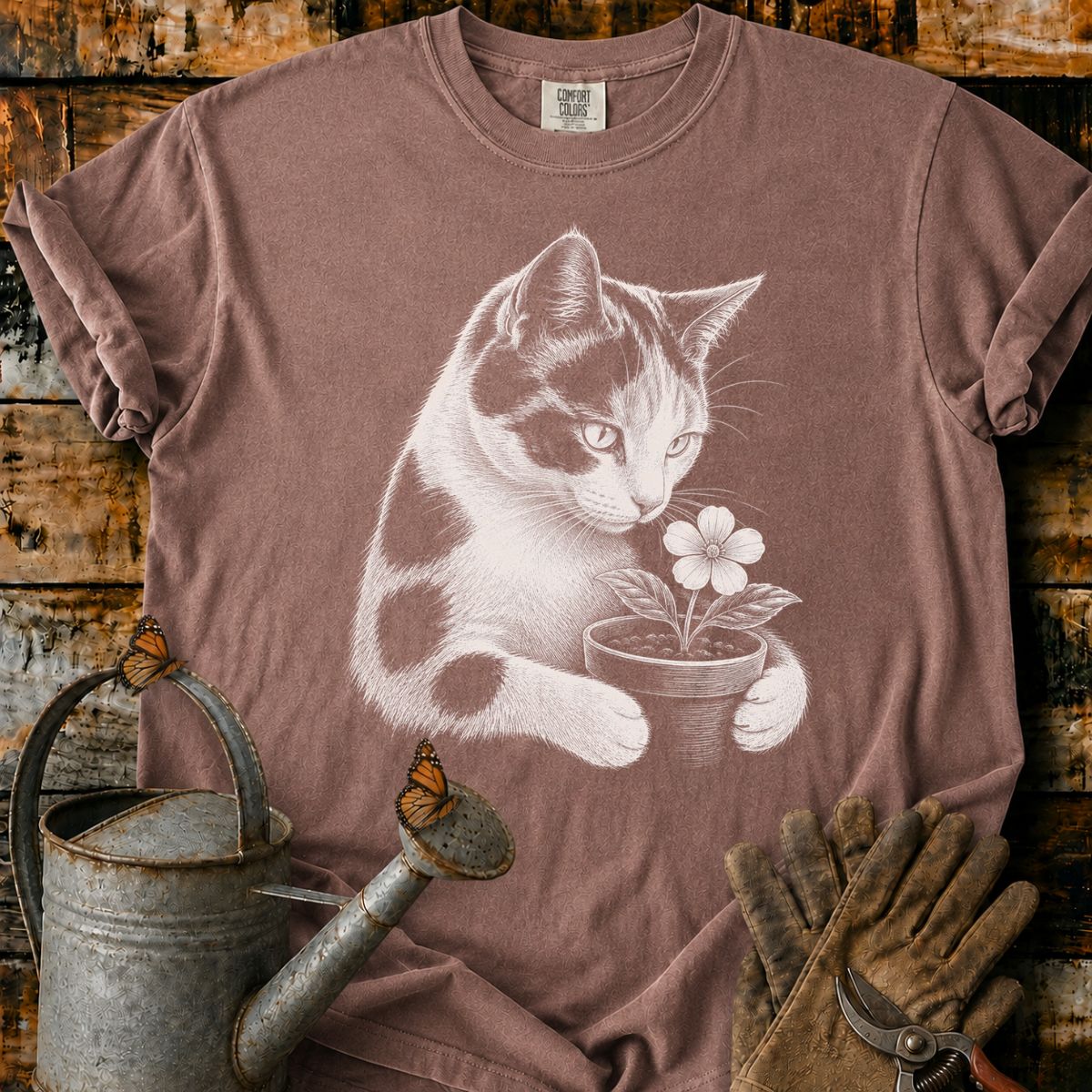Calico Cat With Flower Pot Art T-Shirt