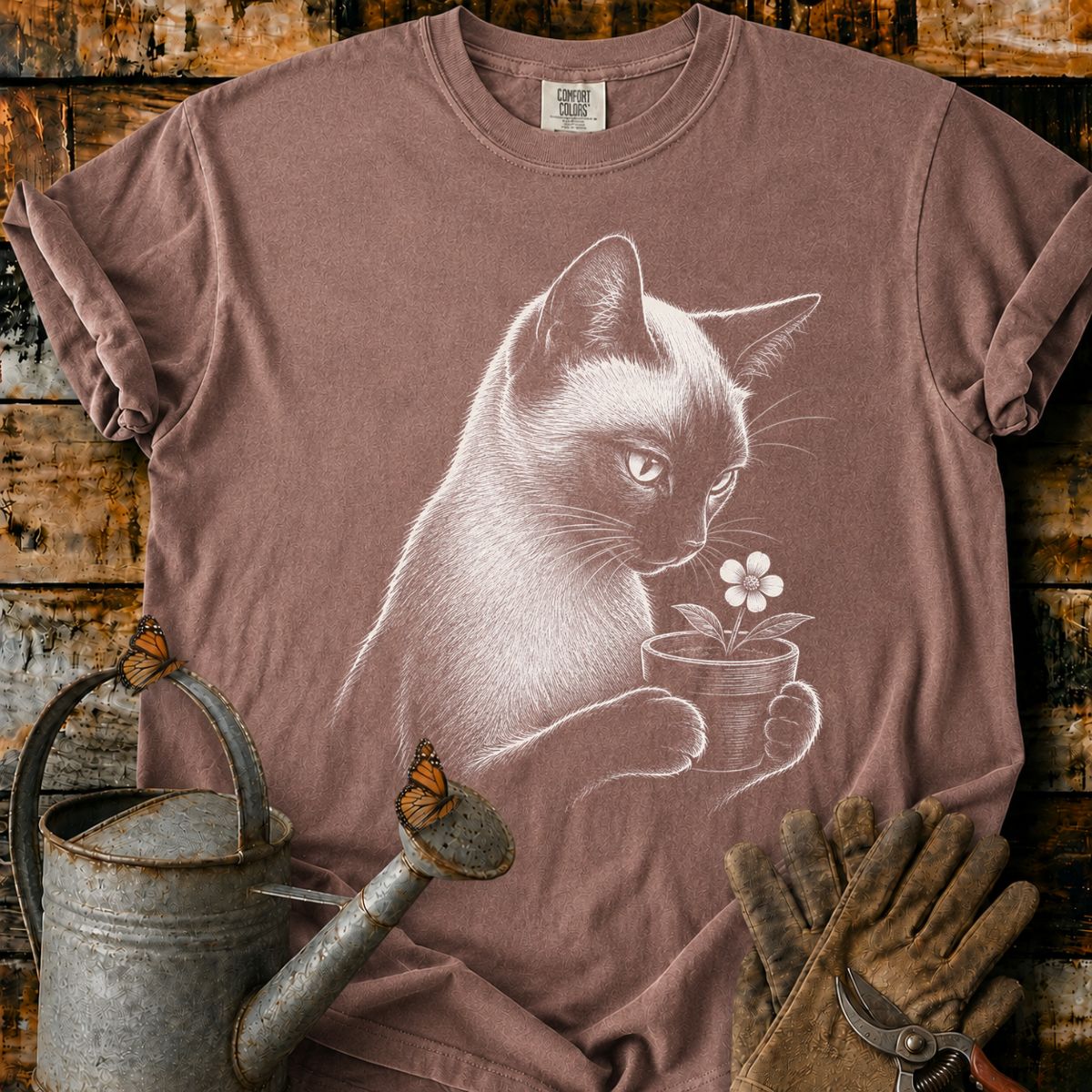 Siamese Cat With Flower Pot Art T-Shirt
