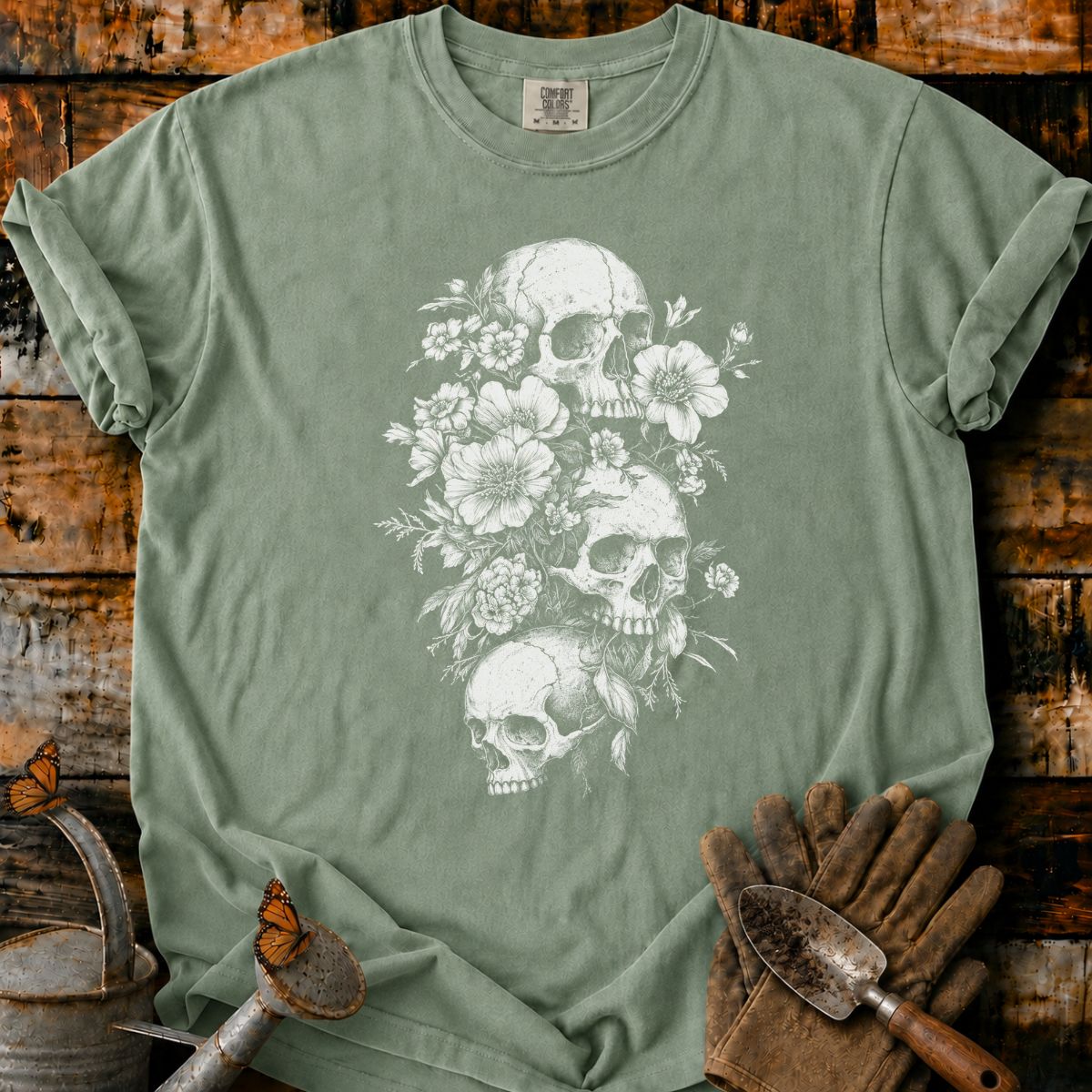 Gothic Skull and Floral Engraving T-Shirt