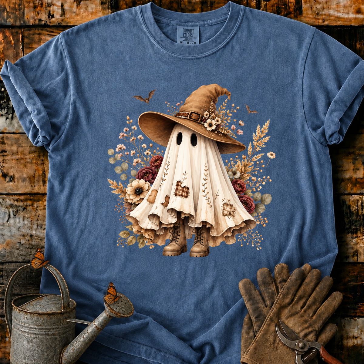 Whimsical Ghost Witch in Autumn Blooms T-Shirt