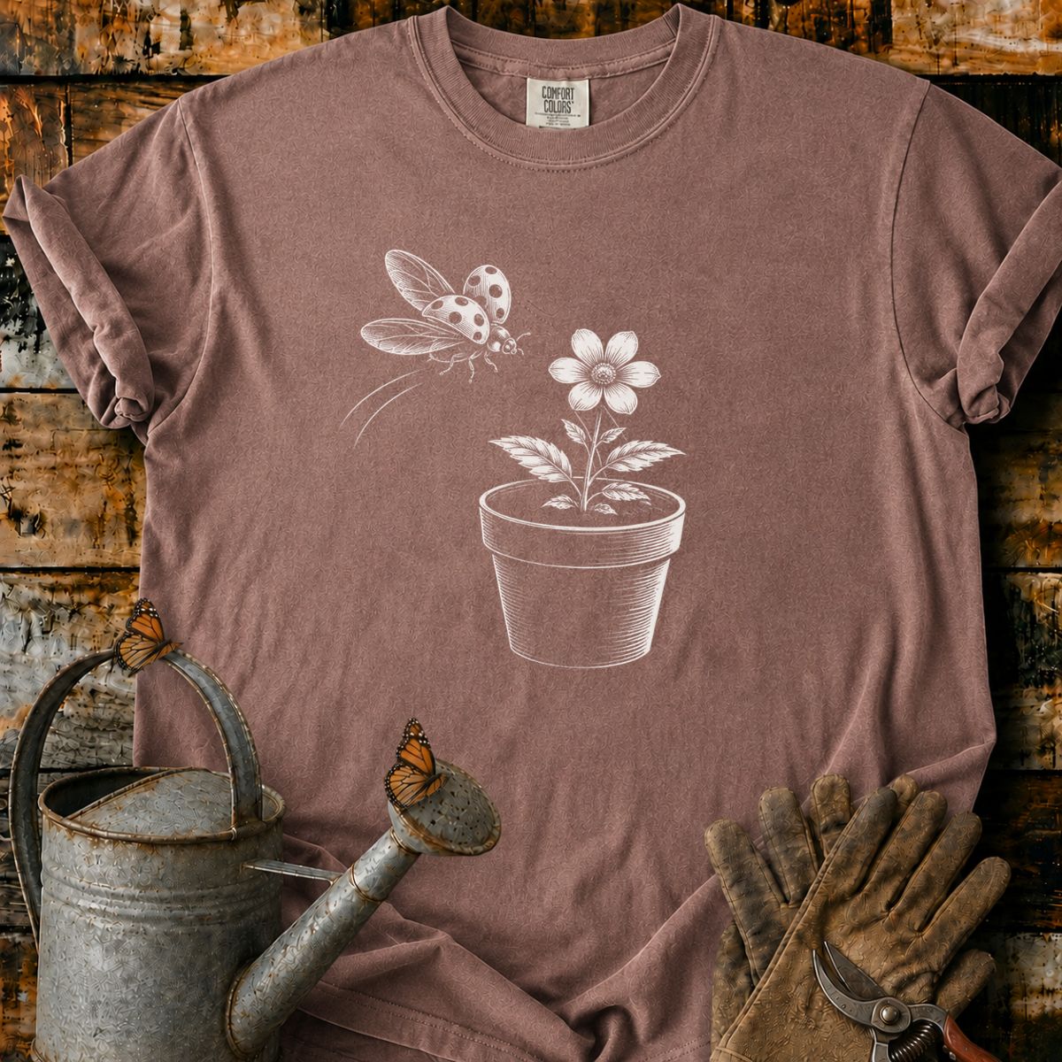 Ladybug With Flower Pot Art T-Shirt