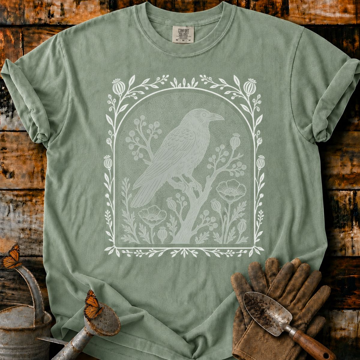 Lone Raven in a Botanical Arch T-Shirt