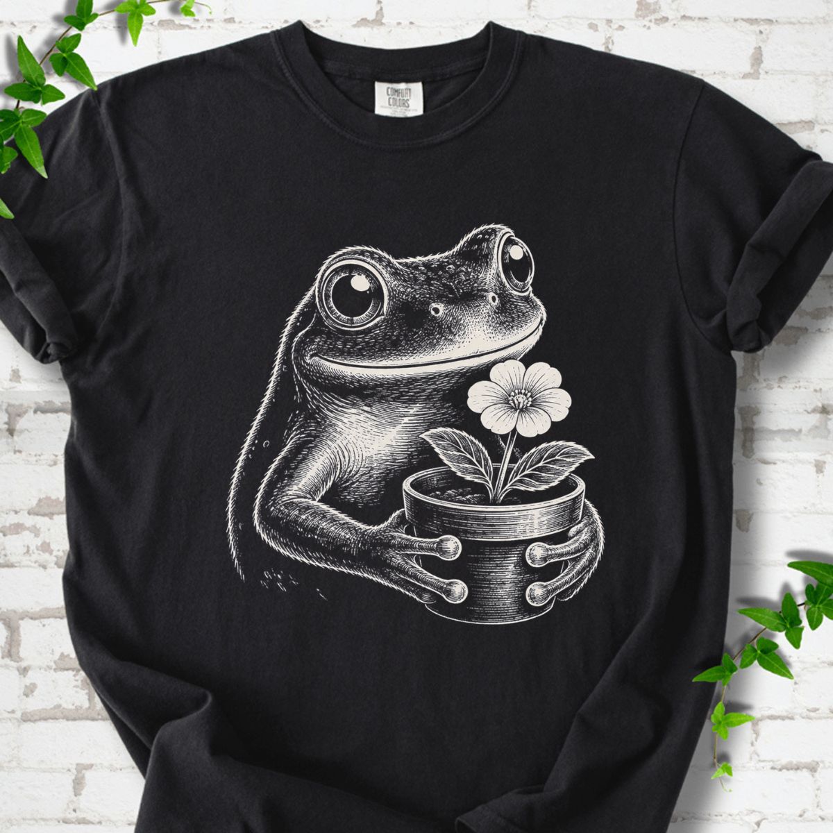 Frog With Flower Pot Art T-Shirt