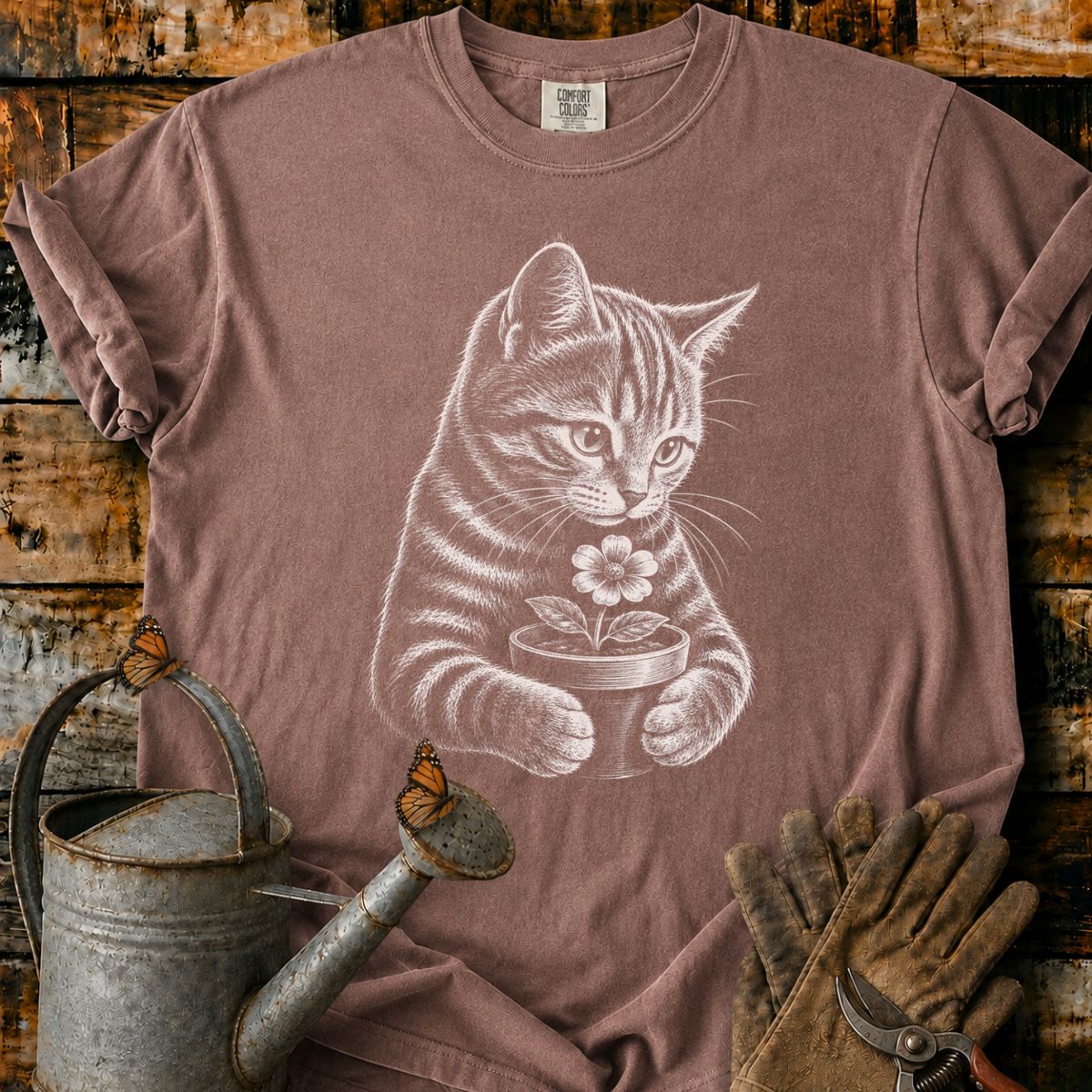 Orange Tabby With Flower Pot Art T-Shirt