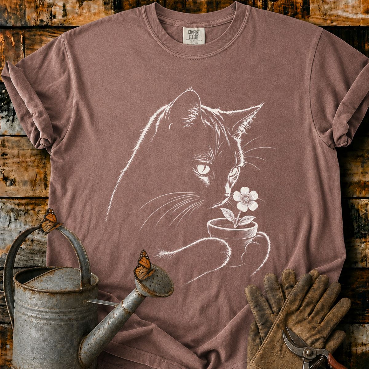 Black Cat With Flower Pot Art T-Shirt