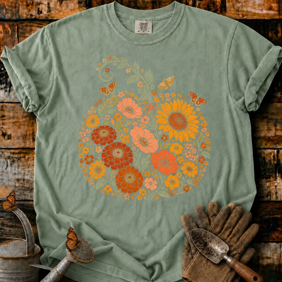 Asymmetrical Meadow Pumpkin with Sunflower and Moths T-Shirt