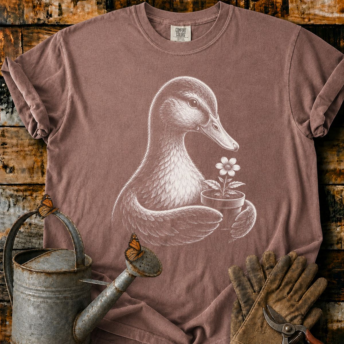 Duck With Flower Pot Art T-Shirt