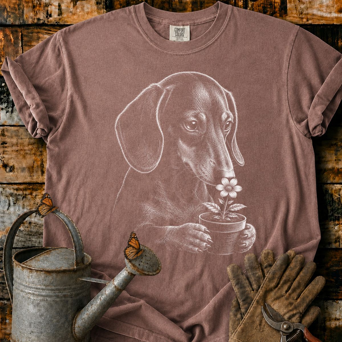 Dachshund With Flower Pot Art T-Shirt